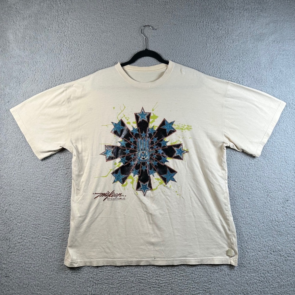 Miskeen Originals Cream Graphic T-Shirt Star Blue Glitter Logo Mens XL Y2K Urban
